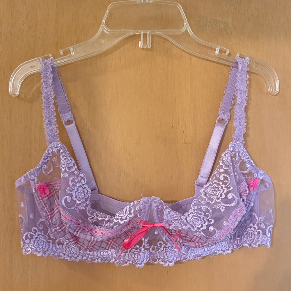 Jezebel Women’s Lace Plaid Sheer Underwire Bra Lingerie Purple Size 38DD/E - Picture 1 of 6